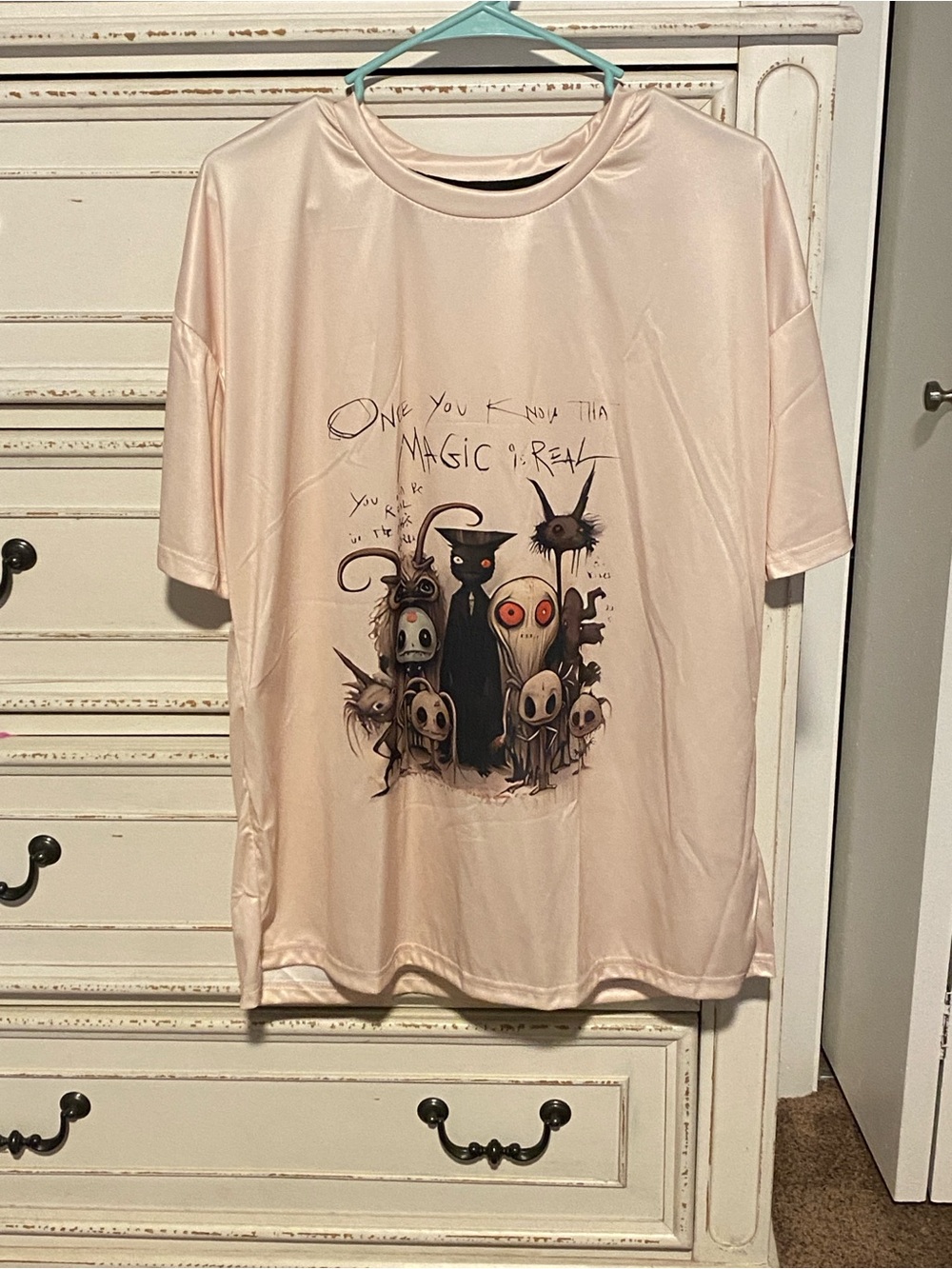 Graphic Short Sleeve Tee in Pale Pink with Whimsical Monster Design